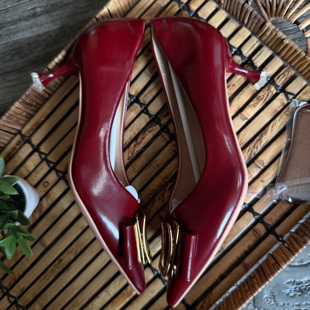 C.Paravano Red Burgundy Gold Buckle Kitten Heels Metal Tie Pumps Olivia NEW 7.5 - Picture 14 of 16